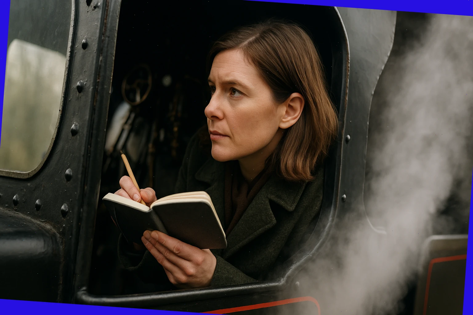 Planner looking through a steam cab window with a small notebook