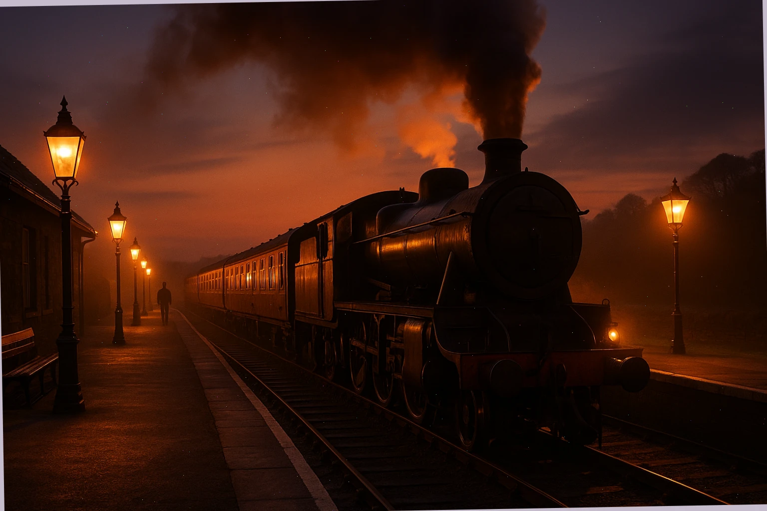 Steam glow at dusk with lamps lit along the platform