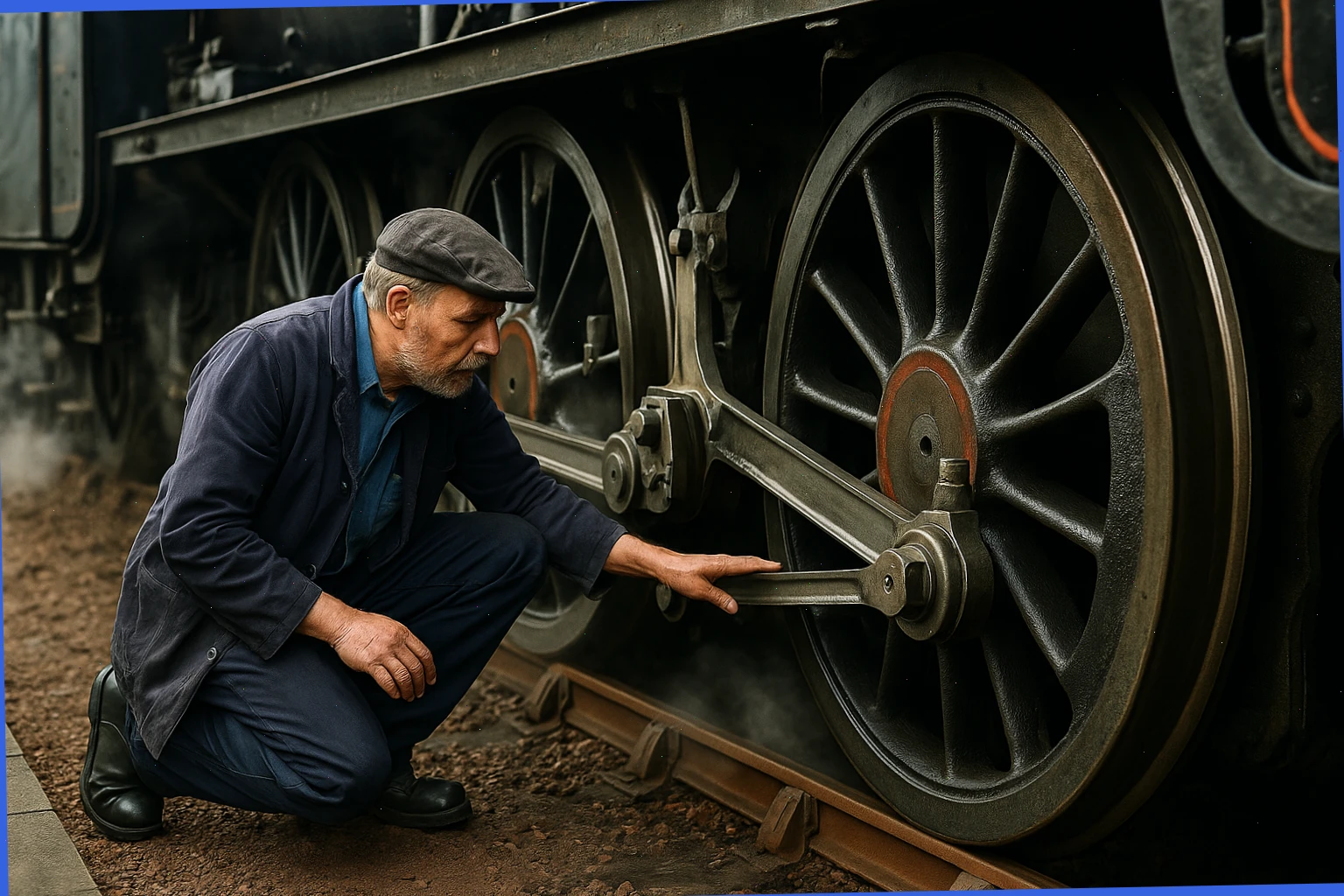 Close view of steam locomotive driving wheels and coupling rods