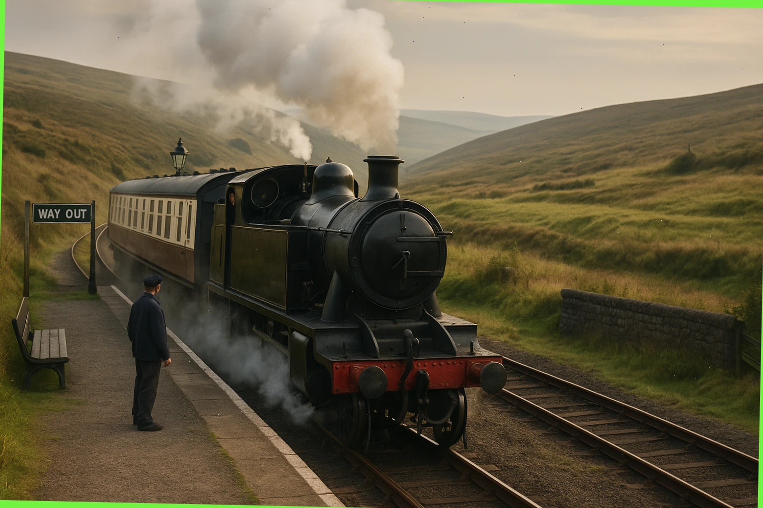 Small tank engine departing a moorland halt