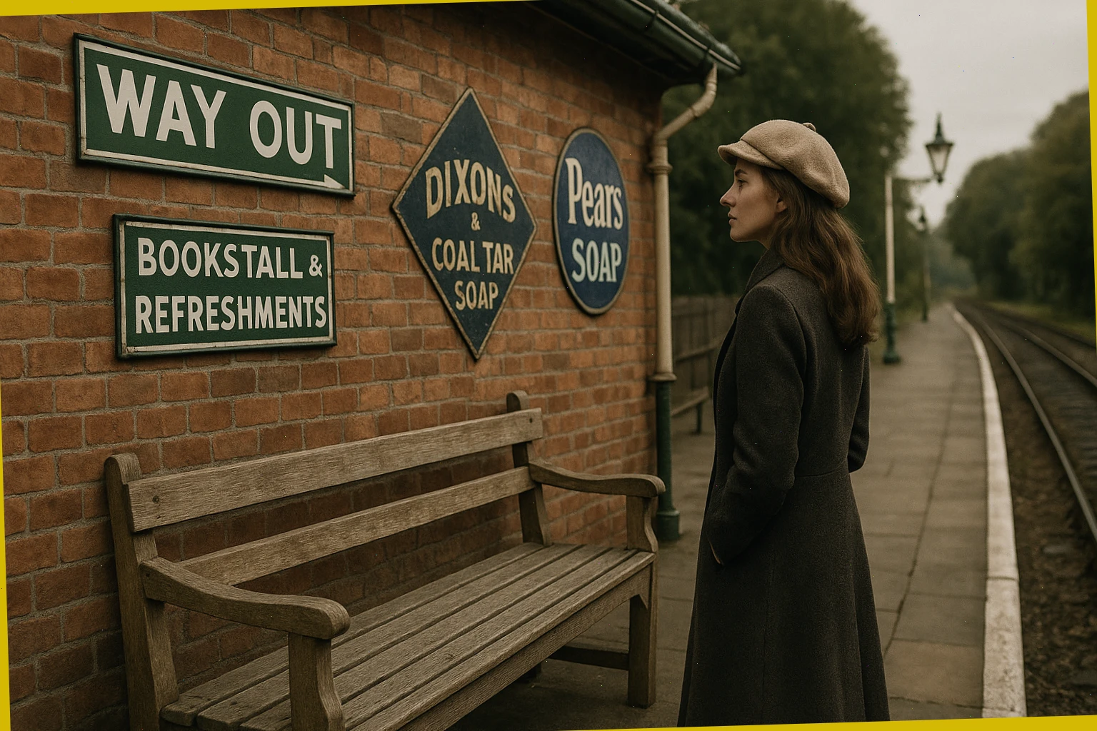 Quiet heritage platform with enamel signs and a wooden bench