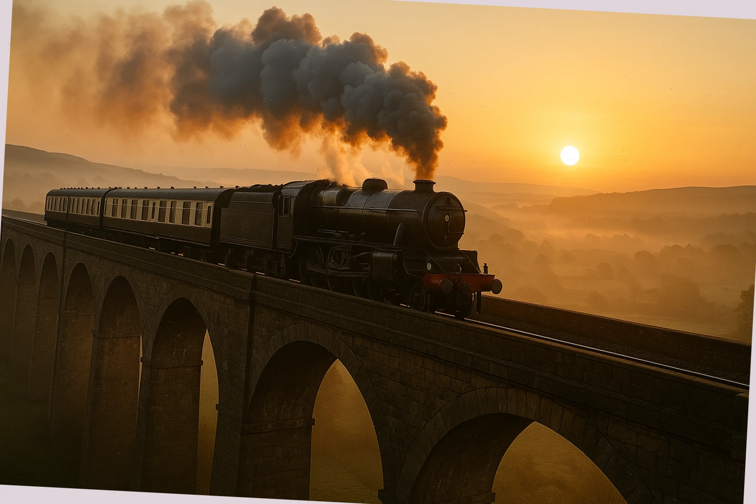 Steam locomotive crossing a stone viaduct at first light