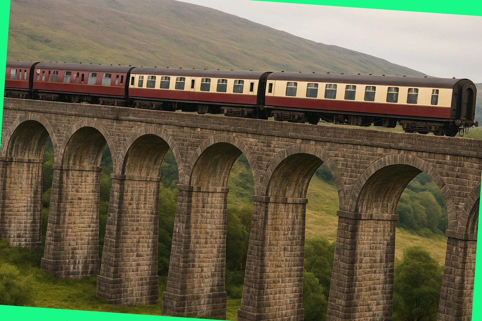 Heritage carriages crossing a tall stone viaduct
