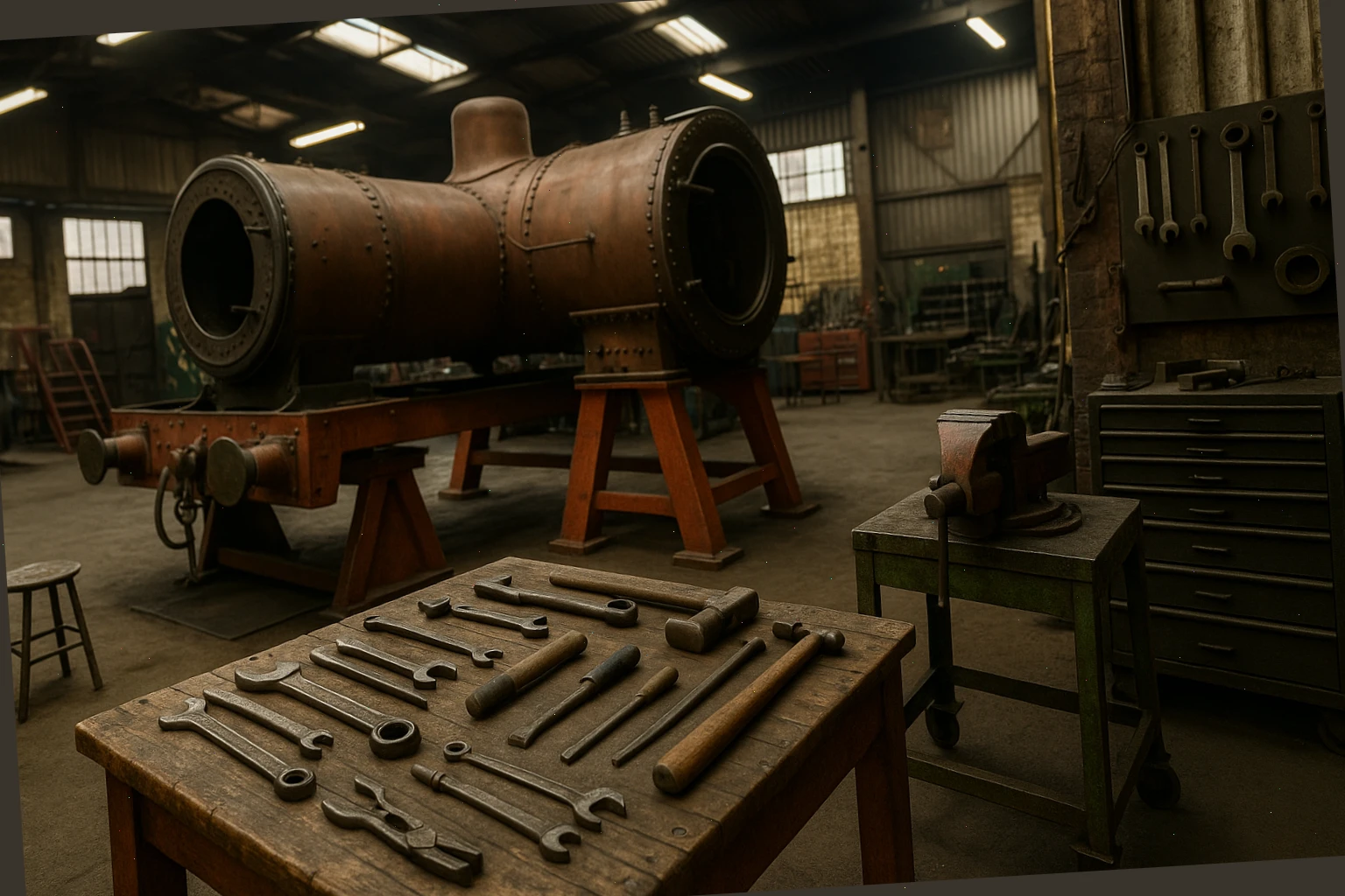 Restoration workshop with tools and a boiler on stands